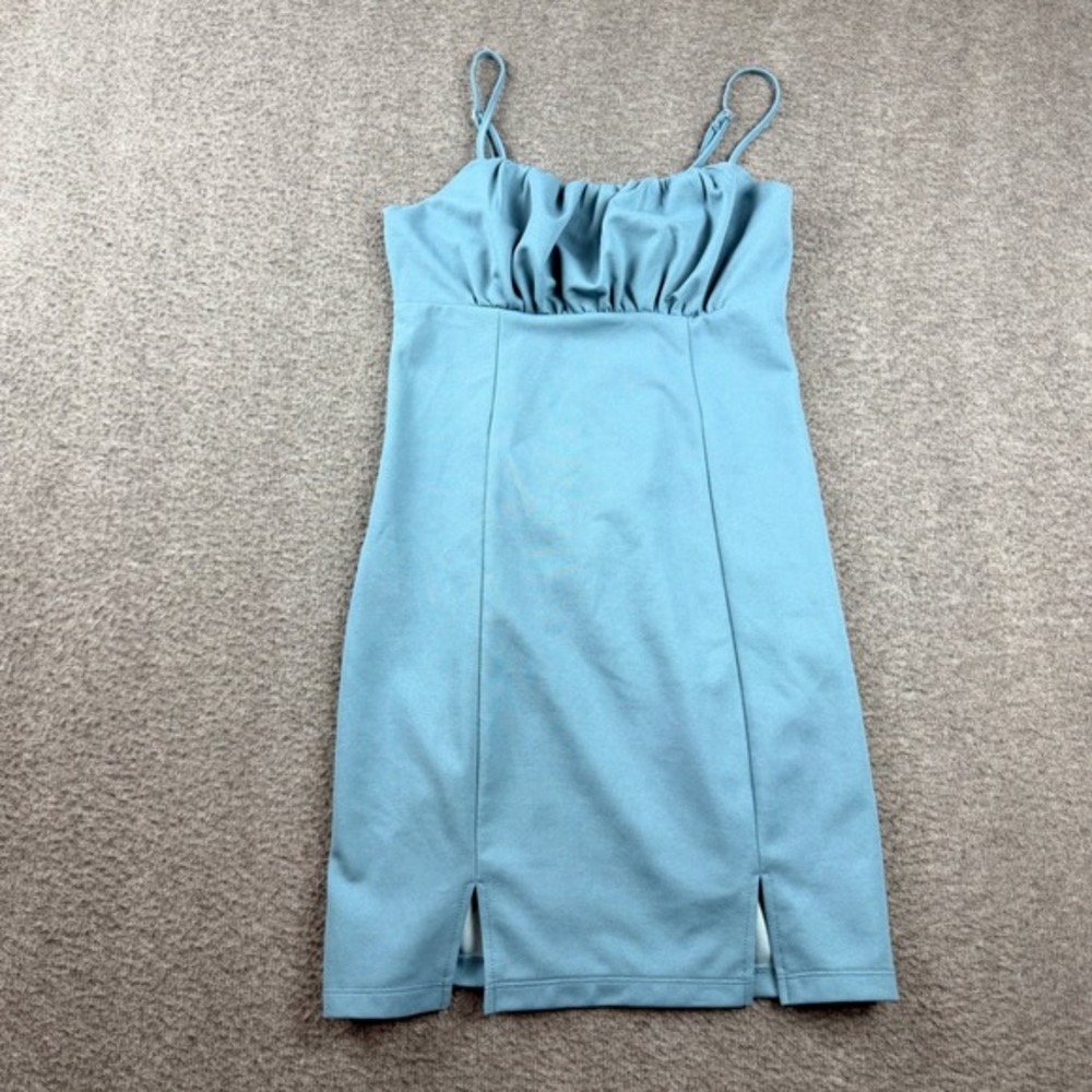 LA‎ Hearts Blue Ruched Bust Mini Dress Women's XS Straps Front Slits Sleeveless